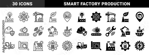 Industrial Manufacturing and Energy Hybrid Icons Featuring Factory Smart Tech Solar Power Construction Crane Logistics and Sustainable Engineering Symbols