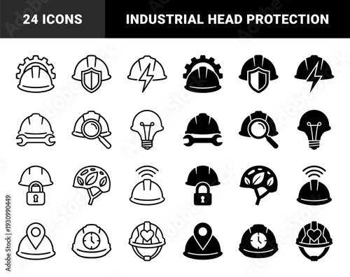 Construction safety helmet icons merging industrial head protection with tools like wrenches hammers gears and lightbulbs in dual line and solid style