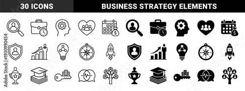 Hybrid business growth and career development symbol collection featuring integrated metaphors like rocket briefcase and lightbulb network nodes