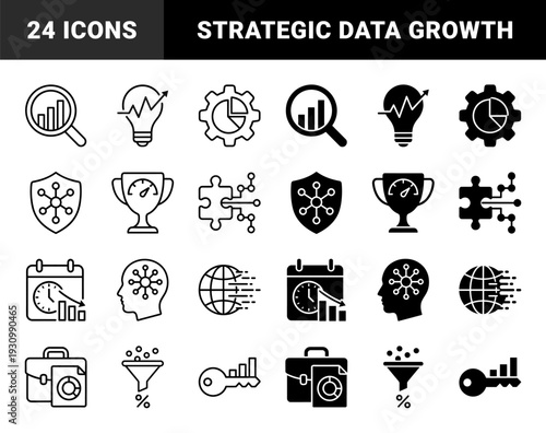 Data analytics and business strategy symbols merging geometric charts with functional metaphors like keys shields and trophies in outline and solid styles