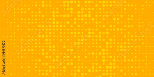 Yellow halftone pattern. Retro comic gradient background. Bright orange pixelated dotted texture overlay. Cartoon pop art faded gradient pattern. Vector backdrop for poster, banner, advertisement