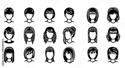 Collection of diverse female hairstyles illustrated in black and white.