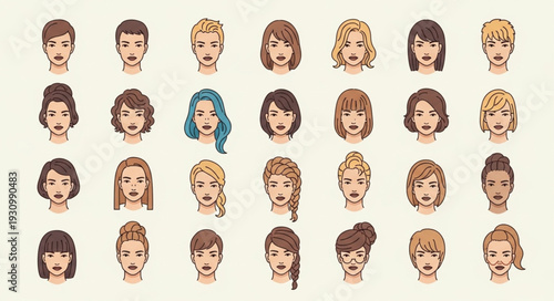Collection of Diverse Female Faces Expressing Various Emotions.
