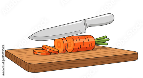 Carrot being sliced on wooden board.