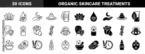 Skincare and holistic wellness symbols featuring hybrid botanical elements with laboratory glassware and cosmic moon phases in line and solid styles