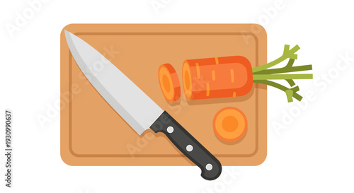 Chef Knife on Chopping Board with Carrots.