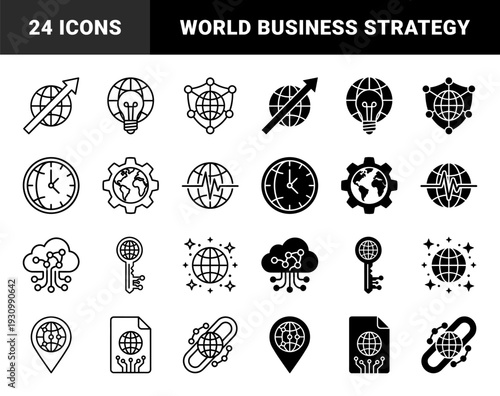 Global business and connectivity symbols merging earth globe with professional concepts like growth arrow lightbulb clock gear shield and location pin