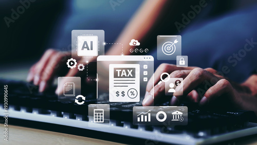 Business woman using artificial intelligence tax management interface with financial analytics dashboard, automation system, and digital accounting tools for online business and fintech workflow
