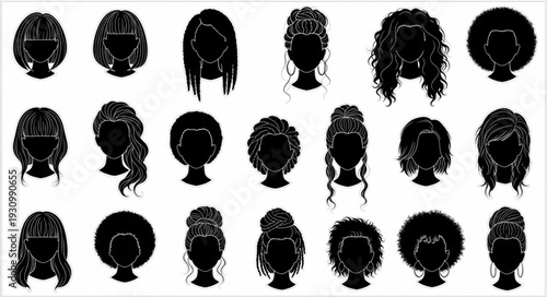 Collection of diverse hairstyles silhouettes for women.
