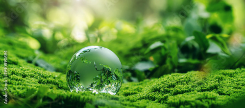 Foto Glass globe on green moss forest representing environmental sustainability, clim
