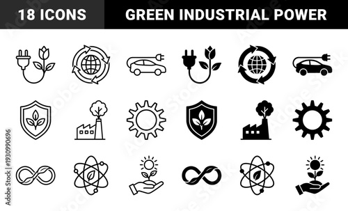 Sustainable Energy and Circular Economy Hybrid Symbols Featuring Green Industry Factory Electric Vehicle Charging and Renewable Power Concepts