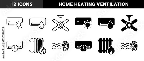 Hybrid HVAC and climate control line and solid icons featuring air conditioner symbols merged with sun water drop timer and heating radiator