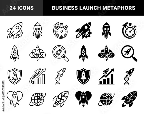 Hybrid rocket launch metaphors featuring combinations with lightbulb gear money sign shield bar chart dna helix globe and battery symbols