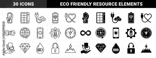 Hybrid energy and ecology concept icons featuring battery leaf combinations solar panel clouds and power plug metaphors in outline and solid styles