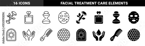 Wellness and Skincare Symbol Set Featuring Organic Hybrid Designs with Facial Masks Serums Jade Rollers and Holistic Beauty Elements in Minimalist Style