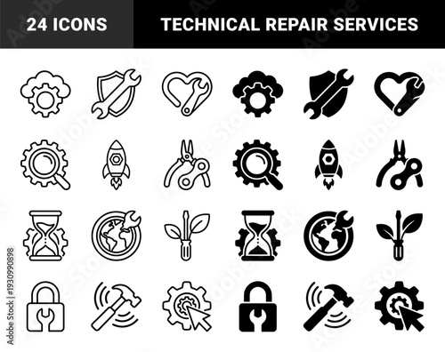 Hybrid Industrial Repair and Maintenance Symbols Featuring Tools Merged with Cloud Computing Shield Rocket Heart Globe and Hourglass Graphics