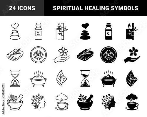 Minimalist wellness and holistic health symbol set featuring hybrid spiritual metaphors like hourglass meditator and celestial potion bottle
