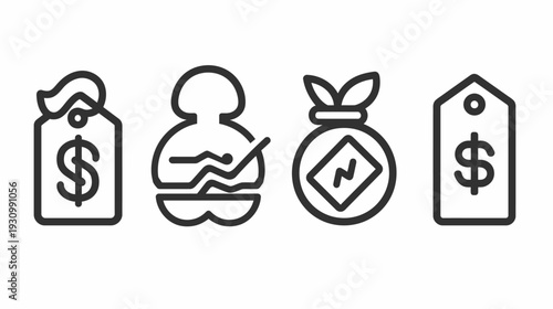 Four monochrome vector icons related to business and finance on white background