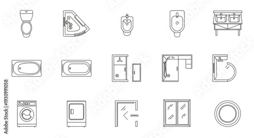 Collection of Hand Drawn Bathroom Fixture Icons.