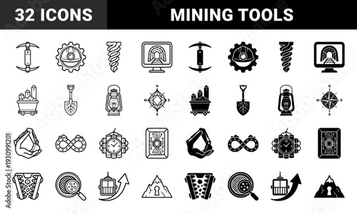 Mining Industry Hybrid Symbol Set Featuring Pickaxe Battery Drill Bit Hard Hat Gear Shovel Root Lantern Bulb Compass Diamond and Dynamite Clock