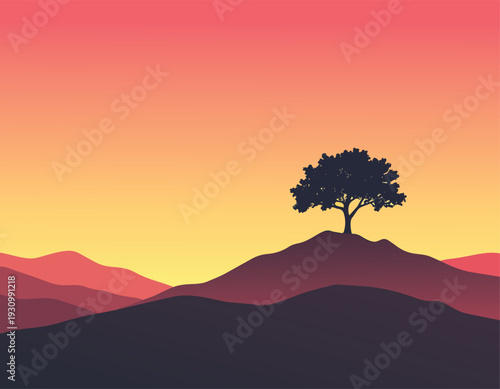 Silhouette of a tree at sunset over mountains with orange sky and clouds