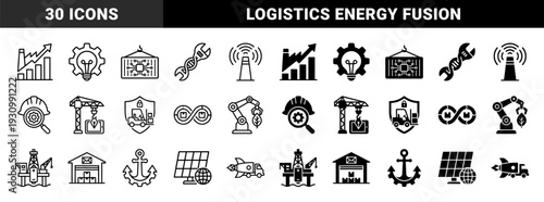 Industrial hybrid icons combining heavy machinery and logistics with renewable energy and biological engineering in outline and solid styles