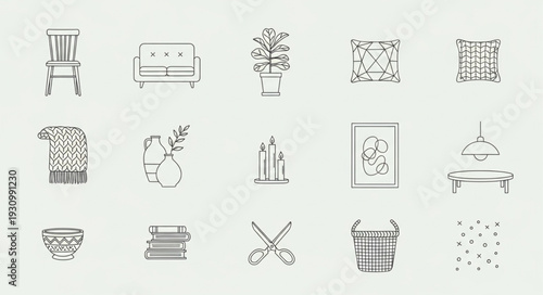Collection of hand drawn furniture and home decor icons.