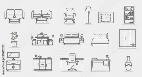 Collection of hand drawn furniture and home decor items.