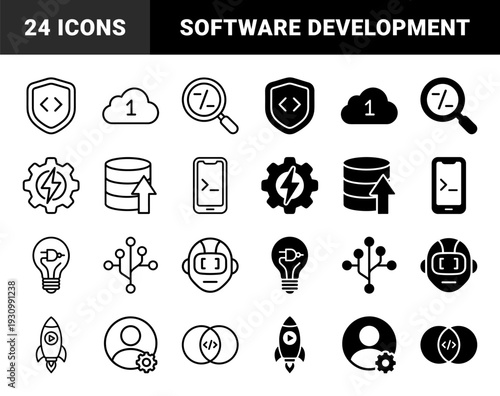 Hybrid digital infrastructure and software development symbols featuring integrated circuit paths cloud data storage and cybersecurity shield metaphors