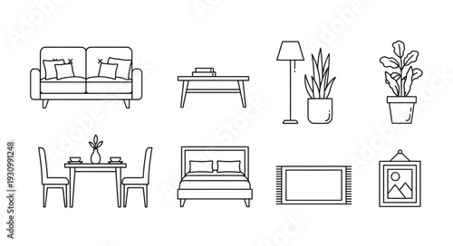 Collection of hand drawn furniture and home decor items.