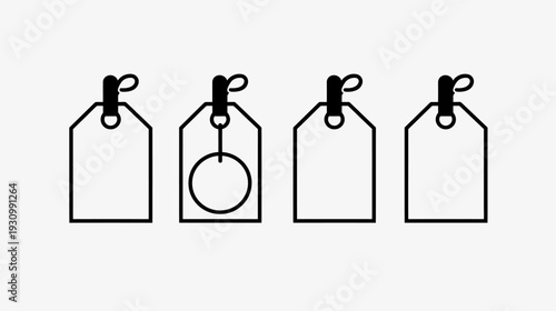 Four black-and-white price tags with a unique design; one features a circle