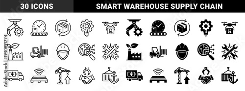 Industrial logistics and automated manufacturing hybrid icon set featuring mechanical robotics shipping drones renewable energy factory and smart warehouse technology