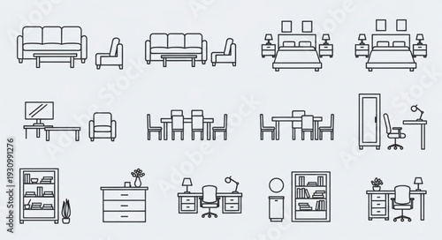 Collection of hand drawn furniture and home decor items.