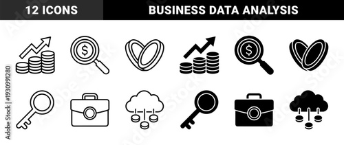 Hybrid financial growth and data analysis icons featuring coin stacks with rising arrows magnifying glass with dollar sign and cloud server database