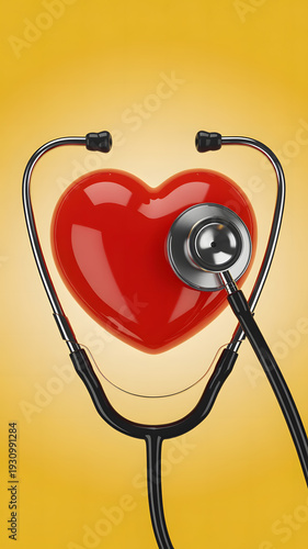 Red heart with stethoscope on yellow background