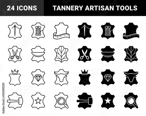 Leather craft and tannery industry symbols featuring animal hide shapes integrated with sewing needles thread scissors and artisan workshop tools