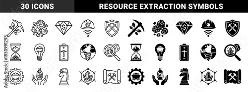 Hybrid Mining and Digital Extraction Icons Featuring Pickaxe Leaf Mergers Data Rock Clusters and Strategic Resource Management Symbols in Dual Linear and Solid Styles