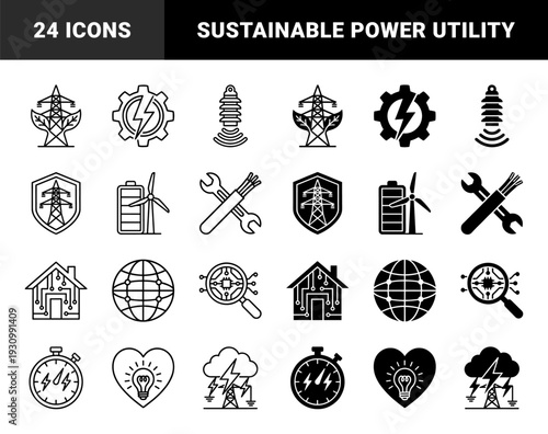 Sustainable energy and smart grid hybrid symbols featuring power lines with leaves battery with wind turbine and solar panels in gear wheels