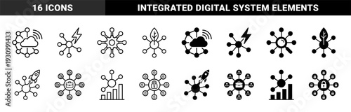 Hybrid connectivity symbols merging network nodes with cloud computing power energy search growth rocket launch business and security elements