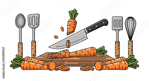 Knife Cutting Carrot with Kitchen Utensils.