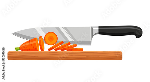 Knife and Sliced Carrots on Chopping Board.