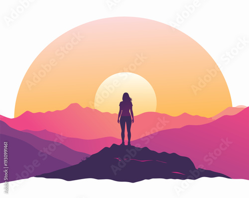 Silhouette of a woman and a girl on a mountain at sunset