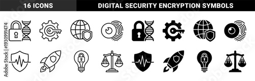 Biometric security and digital protection hybrid icons featuring dna lock combinations cyber eye recognition and encrypted data transmission symbols