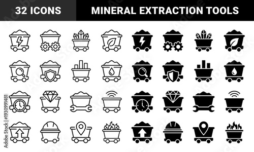 Mining Mine Cart Hybrid Icons Featuring Mineral Extraction Symbols Coal Transport Resources Industrial Geology And Heavy Equipment Machinery Elements