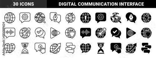 Hybrid global communication symbols merging earth spheres with gear settings search magnifying glass lightning bolt and security shield elements