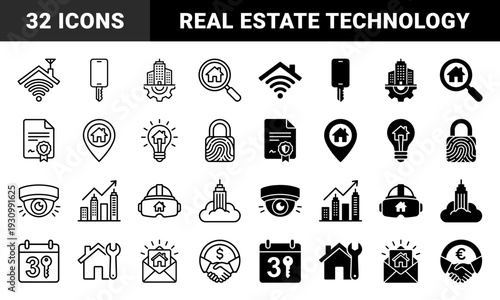 Real estate and property technology icons featuring hybrid symbols like house keys with smartphones and smart home security with fingerprint locks