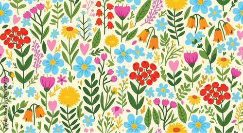 A seamless vector pattern for spring decoration featuring vintage floral ornaments and Easter eggs in a pink retro textile design