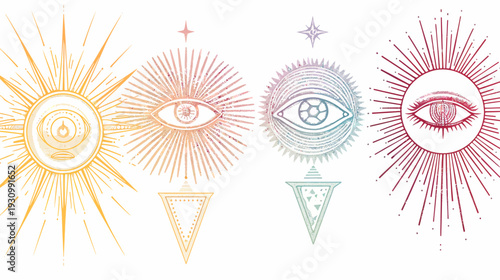 A collection of stylized, colorful eye illustrations with sunbursts, stars, and geometric shapes