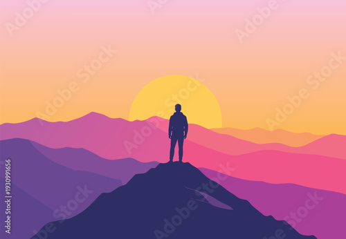 Silhouette of a woman standing on a mountain top at sunset with a scenic landscape and sense of adventure