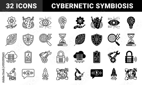 Hybrid cybernetic and organic symbiosis icons featuring biohacking technology elements such as circuit leaf and neural lightbulb with mechanical heart and eye